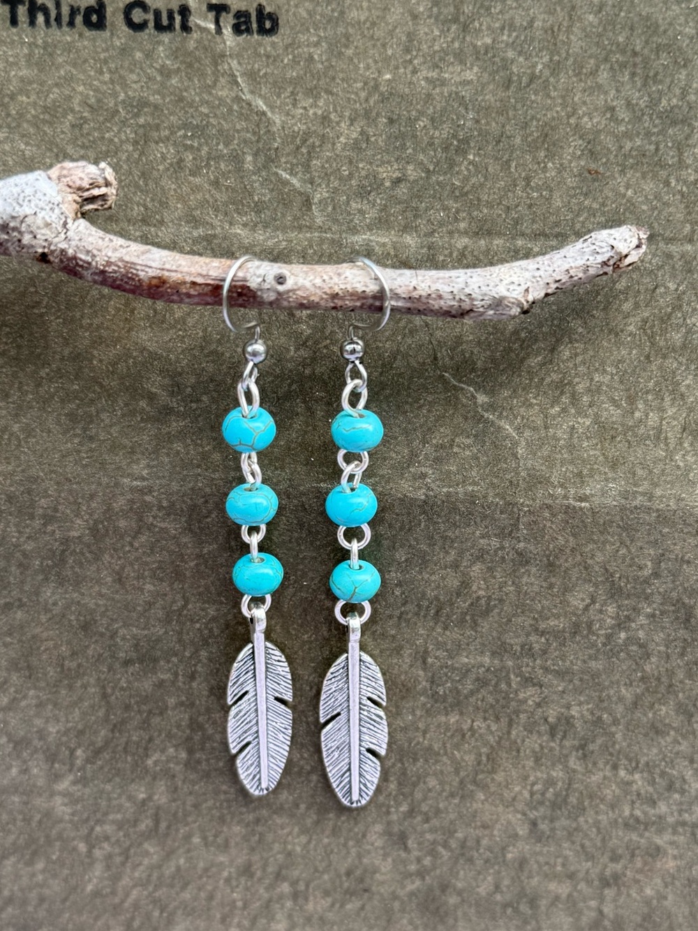 Turquoise Bead Feather Drop Earrings - Women Jewelry